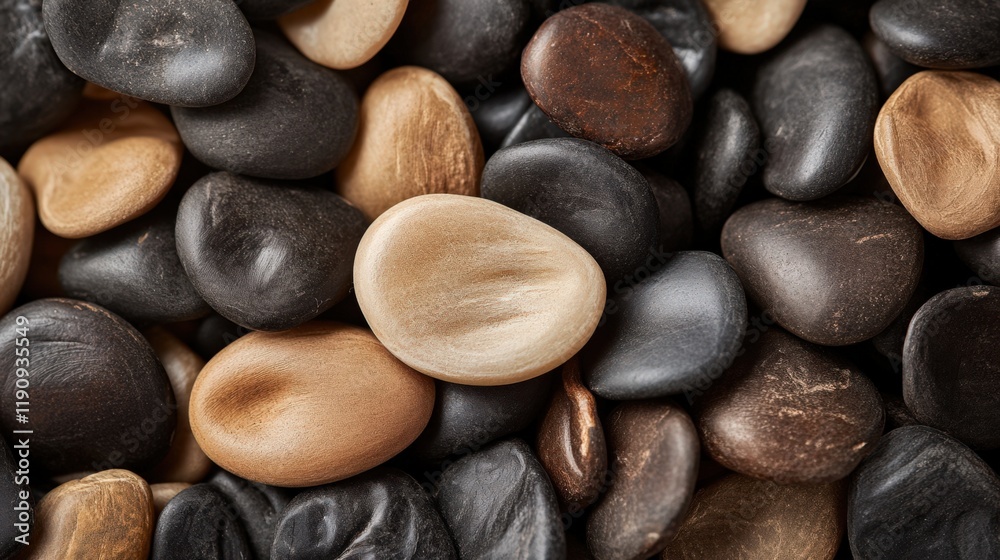 Close-up view of smooth pebble stones displaying a beautiful range of gray and beige hues, offering a serene and textured aesthetic Close-up view of smooth pebble stones displaying a beautiful range of gray and beige hues, offering a serene and textured aesthetic