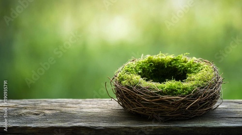 Nest with three brown eggs resting on green moss in a natural setting
