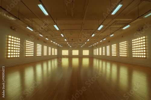 Brightly lit empty hall with glowing lights on walls for creative activities ...