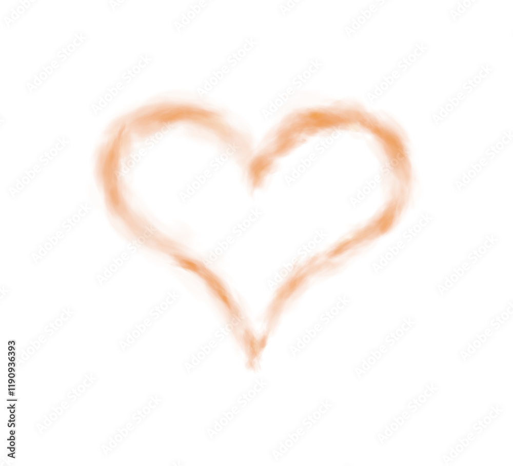 Fototapeta premium Realistic smoky orange fluffy heart shaped cloud on transparent background. Romantic golden translucent smoke floating in the shape of a heart. PNG.