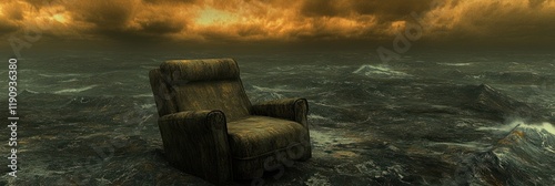 Solitary Armchair Set Against a Stunning Sunset Landscape with Dramatic Skies