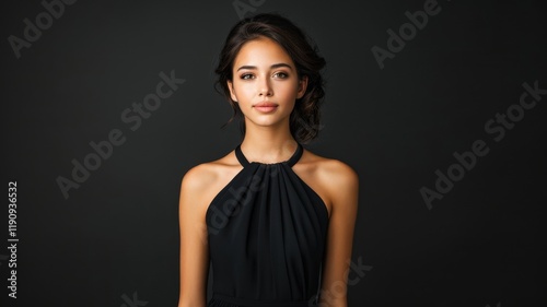A poised woman in a black halter dress stands against a dark background, exuding elegance and confidence.