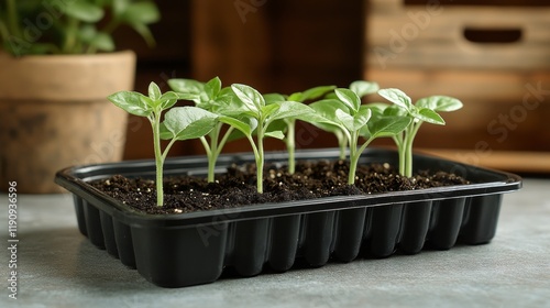 Growing plant in a clear container on a wooden surface with natural light