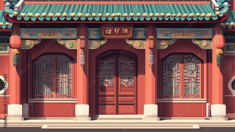 A detailed vector illustration of a traditional Chinatown house facade with ornate temple gates, offering a glimpse into Asian architectural style and cultural symbolism A detailed vector illustration of a traditional Chinatown house facade with ornate temple gates, offering a glimpse into Asian architectural style and cultural symbolism