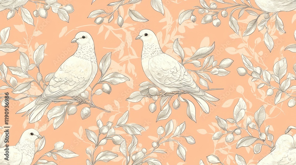 Pattern of doves and leaves on a peach background. Pattern of doves and leaves on a peach background.