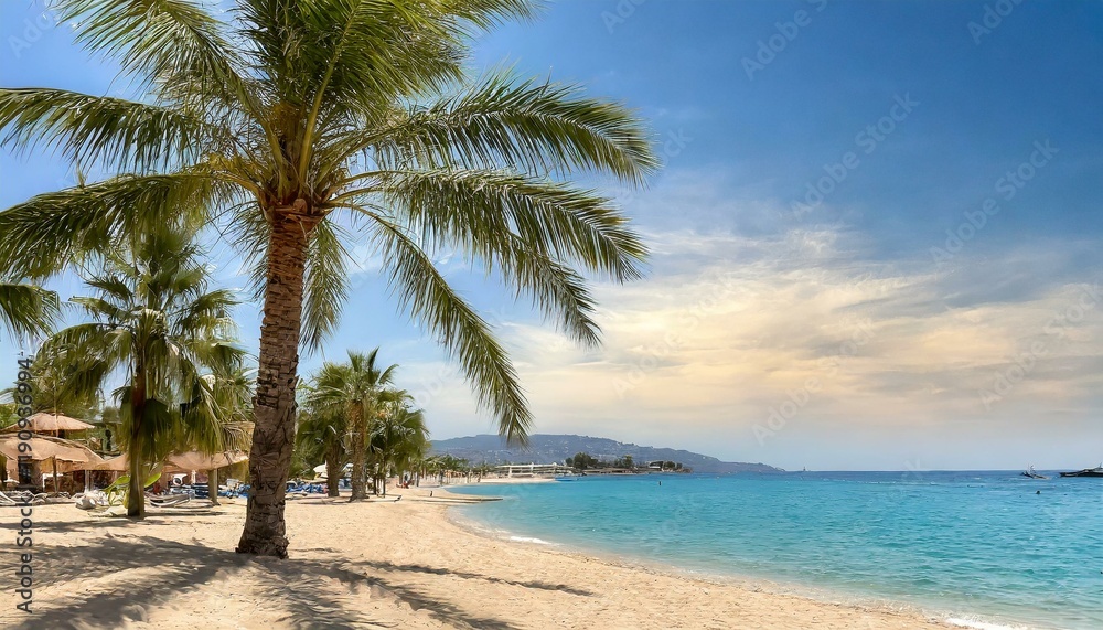 Beautiful tropical beach with palm trees, sunset beach seascape, design template for travel banner. Beautiful tropical beach with palm trees, sunset beach seascape, design template for travel banner.