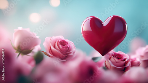 Romantic heart falling into a massive bed of roses for valentine's day captured in a lovely realistic photo to celebrate passionate weddings and anniversaries