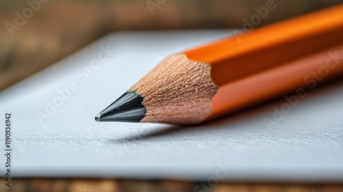 Close view of a sharpened orange pencil resting on blank white paper in a coz...