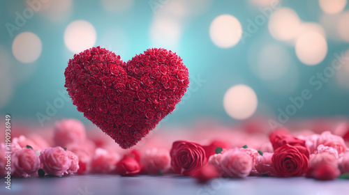 Heart falling down into a massive bed of roses captivating valentine's romance scene stunning realistic photography symbolizing passion and love for weddings and anniversaries