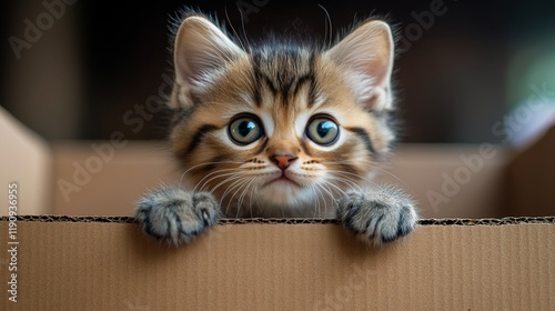 Curious kitten peeking through a cardboard box in a cozy indoor setting