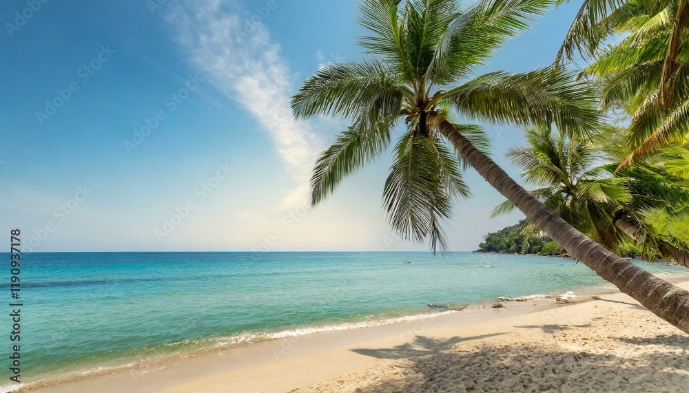 Obraz premium Beautiful tropical beach with palm trees, sunset beach seascape, design template for travel banner.