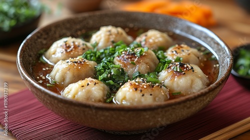 Delicious dumplings served on a decorative table in a cozy setting with plant...