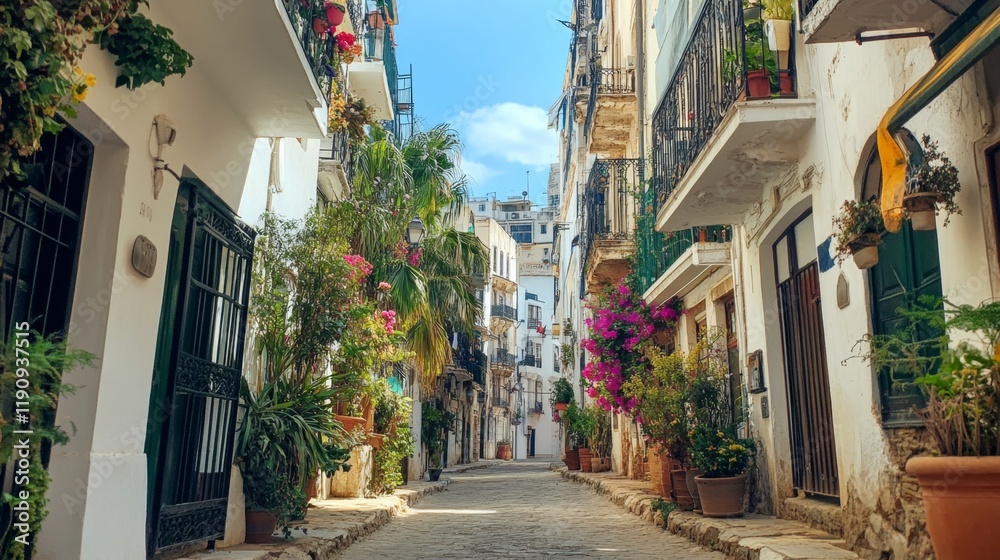 Fototapeta premium Charming Spanish Alleyway with Lush Plants and Flowers