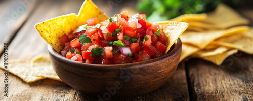 resh Tomato Salsa in Wooden Bowl with Tortilla Chips photo