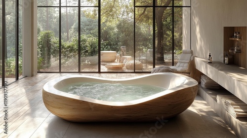 Freestanding luxury bathtub in tranquil spa setting. Generative AI photo