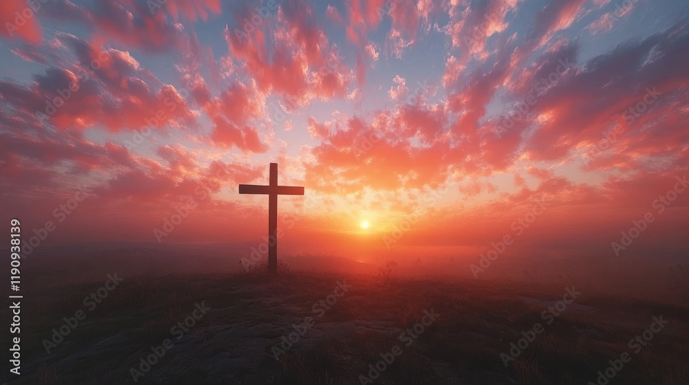 A dramatic sunset with a wooden cross framed in the foreground, set against a vivid sky that inspires faith and contemplation A dramatic sunset with a wooden cross framed in the foreground, set against a vivid sky that inspires faith and contemplation