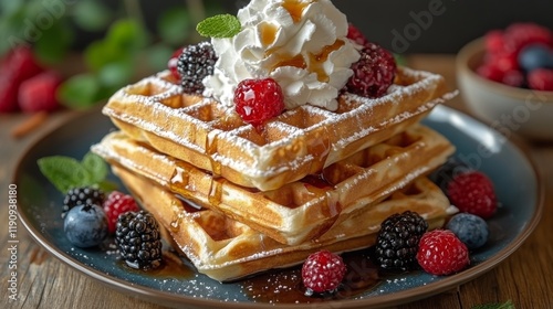 Delicious waffle topped with fresh berries and whipped cream served for break...