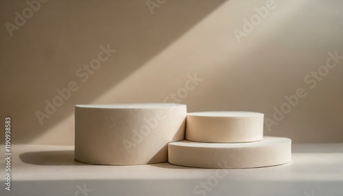 White minimal pedestal podium, white background for cosmetic product presentation, 3d rendering beige illustration.