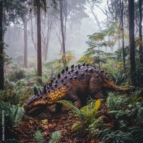 Dinosaur in Misty Forest A Prehistoric Scene Amidst Lush Vegetation photo