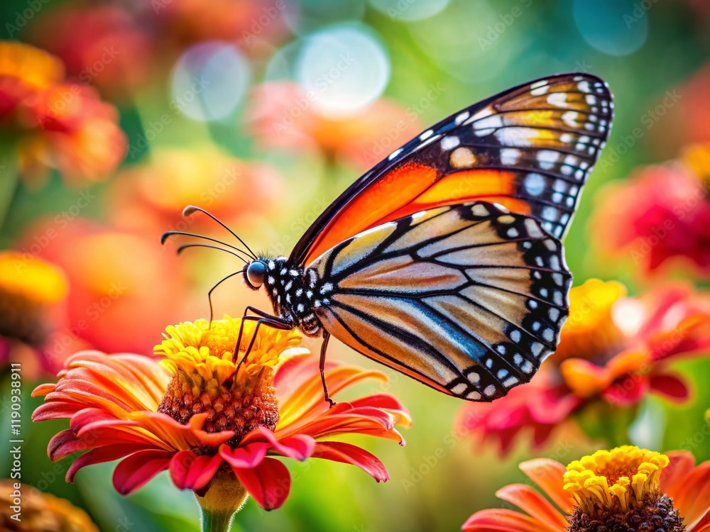 Obraz premium Panoramic Close-Up: Butterfly Pollinating Flower, Detailed Pollen Collection