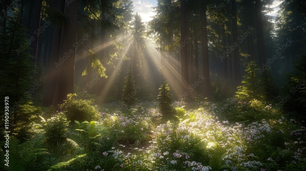Naklejka premium Sunlight Filtering Through Forest Canopy in a Serene Woodland Clearing
