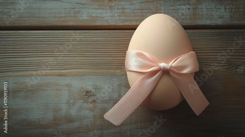 Pink decorated egg with ribbon placed on rustic wooden table background durin...