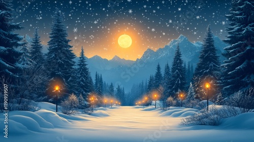 Winter wonderland under a starry night. Generative AI photo