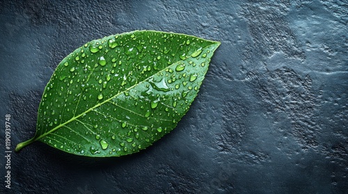 Fresh green leaf with water droplets on a textured surface showcasing nature'...