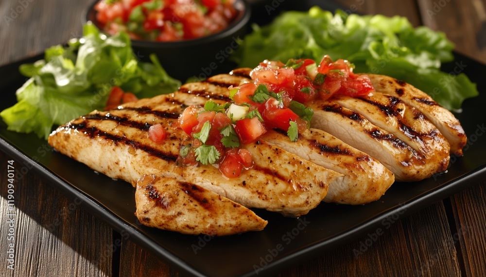 Delicious Grilled Chicken Topped With Fresh Salsa. A Perfect Combination Of Tender Chicken And Flavorful Salsa For A Healthy Meal. Delicious Grilled Chicken Topped With Fresh Salsa. A Perfect Combination Of Tender Chicken And Flavorful Salsa For A Healthy Meal.
