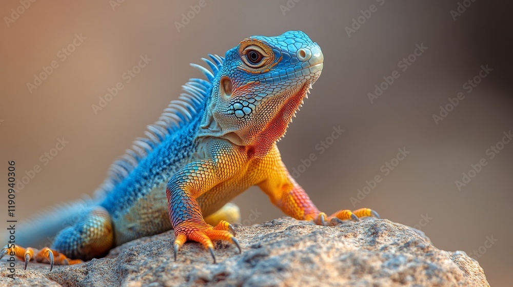 Fototapeta premium Vibrant lizard relaxing on a rock in a lush green environment