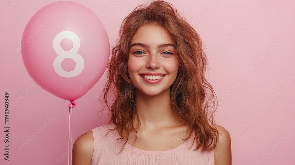 Smiling young female with pink balloon against a pink background Smiling young female with pink balloon against a pink background