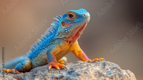 Vibrant lizard relaxing on a rock in a lush green environment
