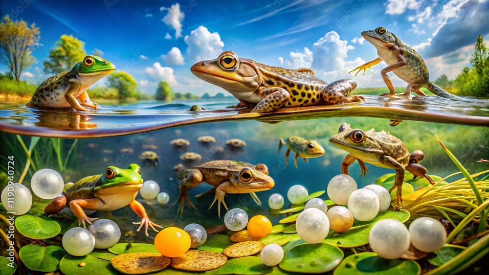 Fototapeta premium Panoramic Frog Life Cycle: Egg, Tadpole, Froglet, Adult Frog Stages in Natural Habitat