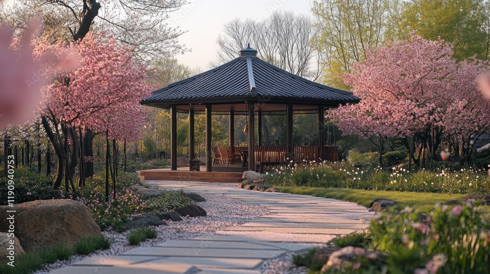 Serene garden path leads to gazebo amidst blossoming cherry trees at sunrise. Serene garden path leads to gazebo amidst blossoming cherry trees at sunrise.