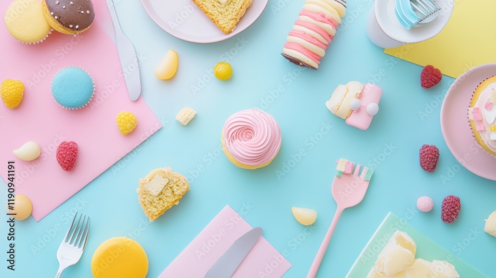 Colorful dessert spread featuring cupcakes, candies, and treats on a playful pastel background. Generative AI Colorful dessert spread featuring cupcakes, candies, and treats on a playful pastel background. Generative AI