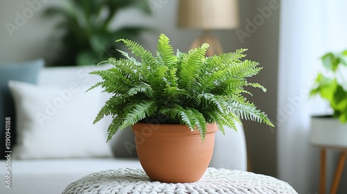 Lush fern plant in a modern living room with natural light during the day