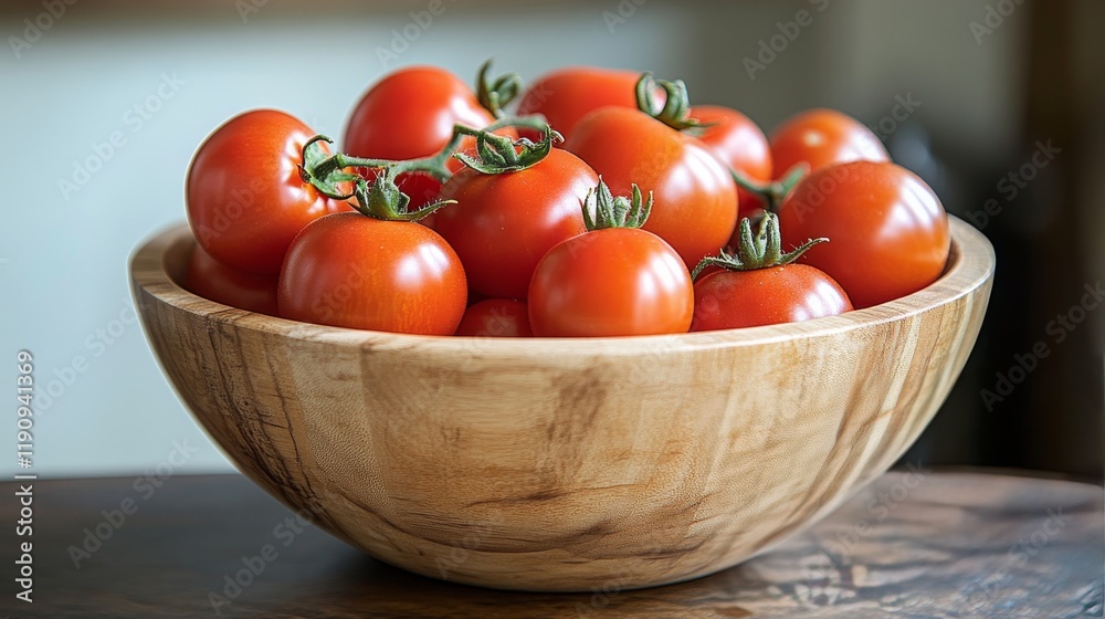 Fresh tomatoes in a wooden bowl ready for cooking or snacking in a rustic kitchen setting Fresh tomatoes in a wooden bowl ready for cooking or snacking in a rustic kitchen setting