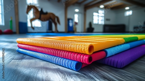 Colorful exercise mats arranged neatly in a gym during a training session