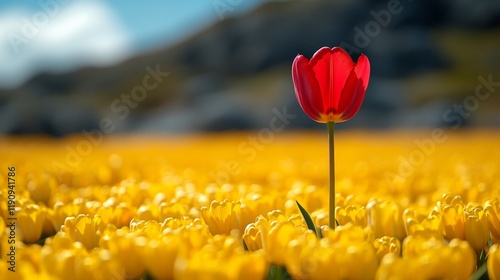 Vibrant red tulip stands tall in a field of yellow tulips under a clear blue sky