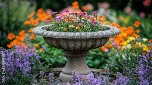 Serenity in the garden with a stone fountain surrounded by vibrant flowers an...
