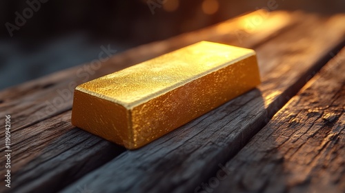 Gold bar resting on a wooden surface with a blurred background in a well-lit ...