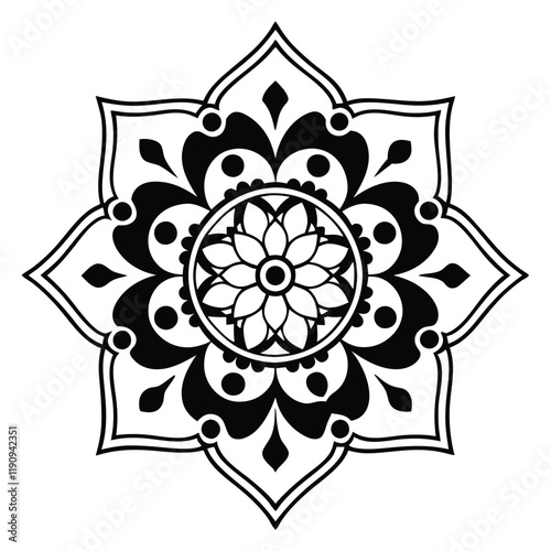 A vector illustration of a mandala silhouette with a white background. The mandala has a circular pattern with multiple layers of interlocking geometric shapes, including triangles, squares, and circl