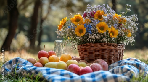 Colorful summer flowers and fresh apples in a picnic setting under sunlight