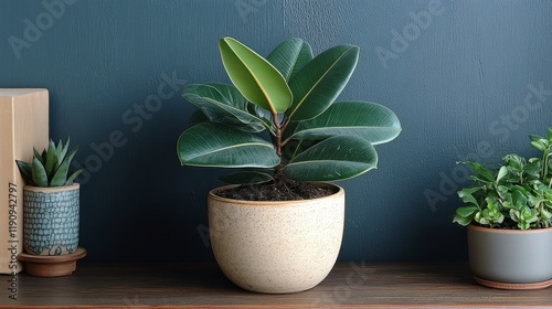 Decorative indoor plant in a stylish pot on wooden table with green walls and...