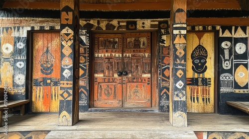 Intricate Tribal Doorway with Symbolic Designs photo