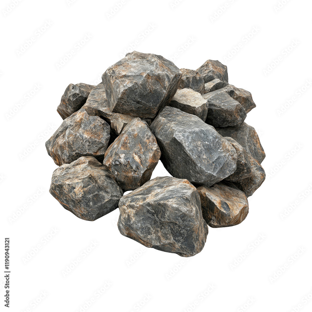 Pile of Rough Grey and Brown Stones Isolated on Transparent background