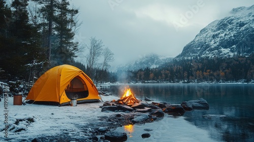 Cozy camping setup in winter forest with tent and campfire amidst falling snow