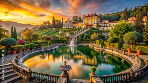 Panoramic Long Exposure of Tuscan Villa Garzoni at Sunset, Collodi, Italy photo