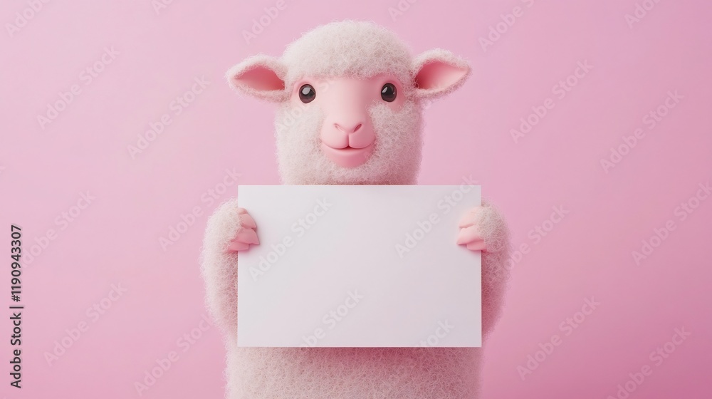 Obraz premium Gentle Lamb Holding Blank Paper in Soft Pastel Lavender Setting