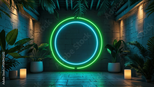 Futuristic glowing neon circle in a dark room with technological and sci-fi interior design elements,Green and Blue Neon Light Circle in Interior Surrounded by Tropical Plants,  photo